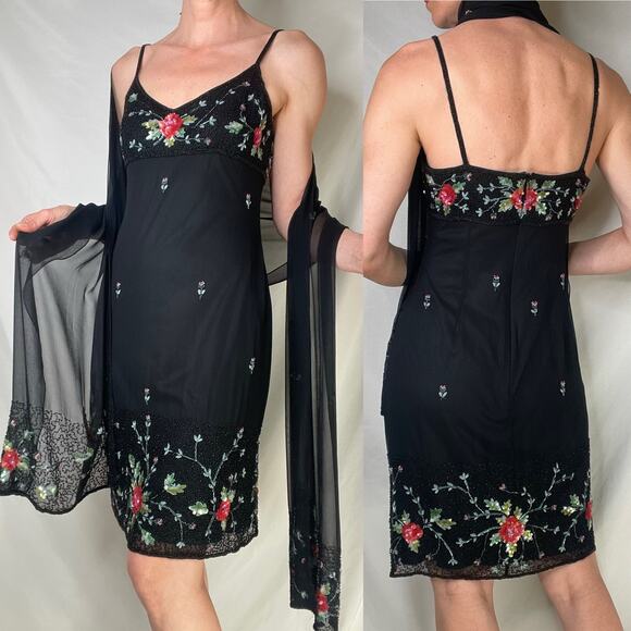 Sue Wong beaded silk floral slip dress with matching scarf wrap Nocturne 6 - Picture 14 of 17
